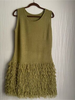Boho Fringe Sweater Dress Women’s XXL / US 14 Green Sleeveless Shaggy Knit Tunic